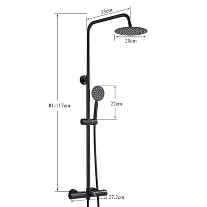 Modern matte black thermostatic shower faucet set with 20cm round rainhead and handheld spray head faucet set