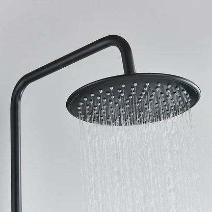 Modern matte black thermostatic shower faucet set with round black matte showerhead and multiple water jets streaming downward