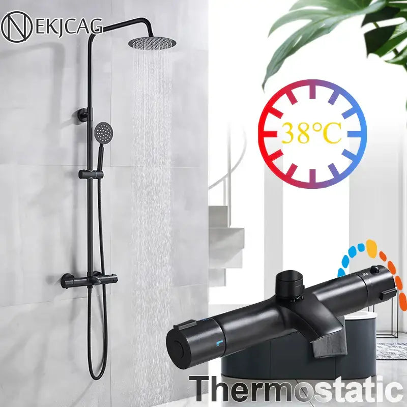 Modern matte black thermostatic shower faucet set with rainfall head and handheld showerhead in a sleek design