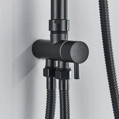 Modern matte black thermostatic shower faucet set with sleek design and flexible hoses for bathroom rainfall use