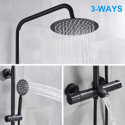 Modern matte black thermostatic shower faucet set featuring a black matte 3-way shower faucet with rainhead and handheld spray nozzle