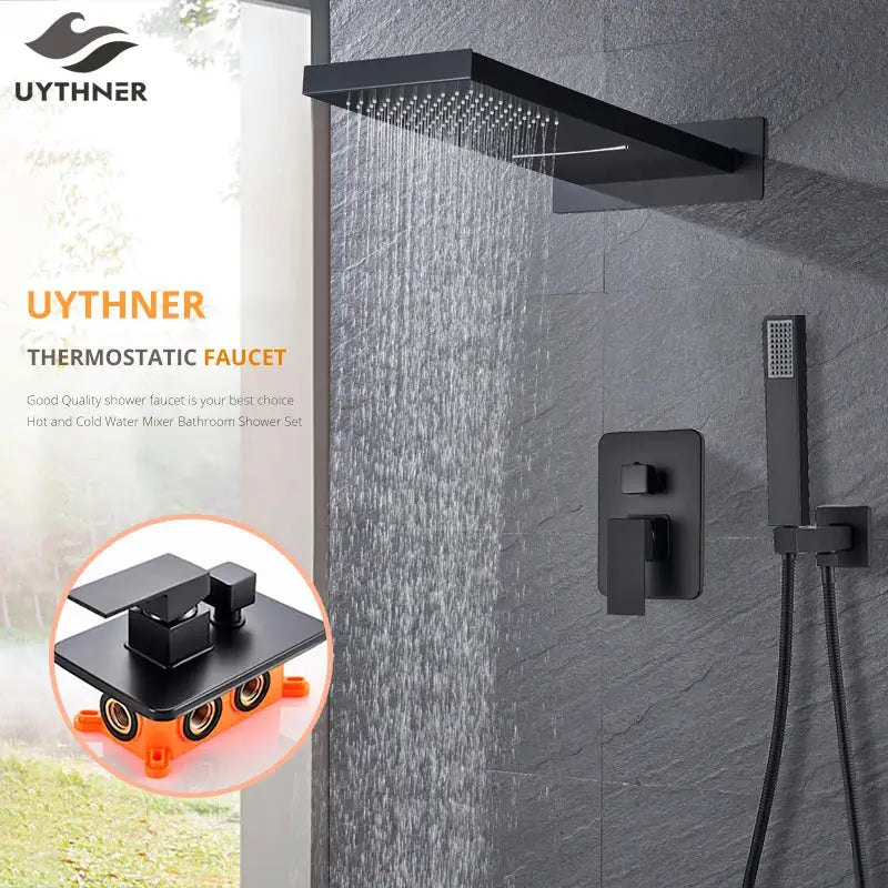 Modern matte black thermostatic shower faucet set with black matte finish rectangular rainhead and handheld sprayer