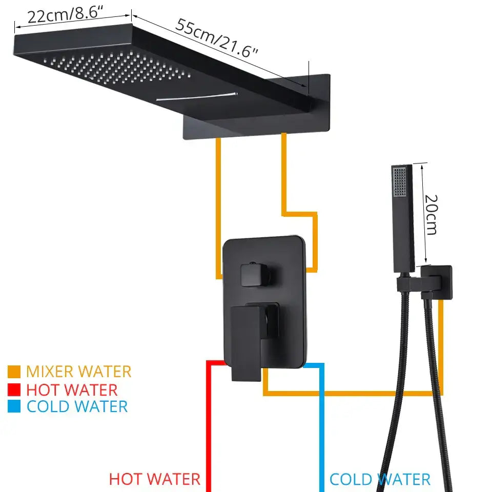 Modern matte black thermostatic shower faucet set with black matte finish rectangular rain shower head and handheld attachment