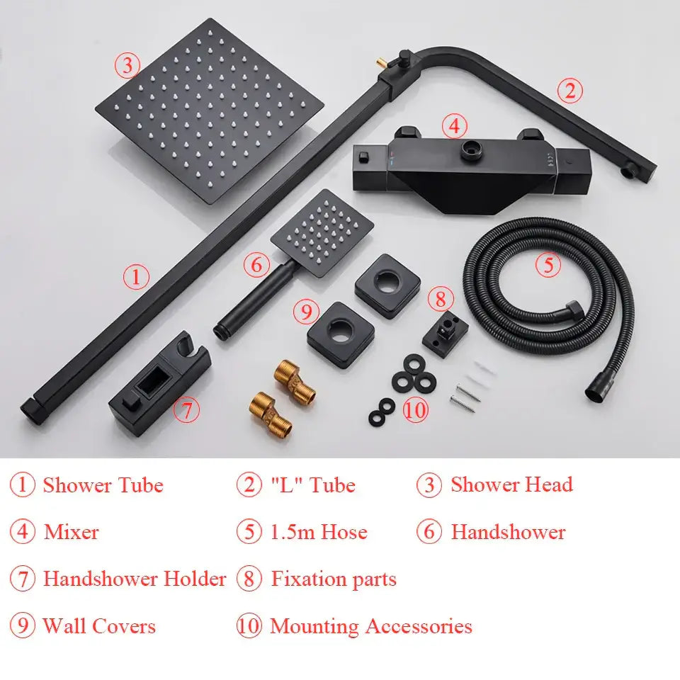 Modern matte black thermostatic shower faucet featuring a black matte-finished shower head with even nozzle grid