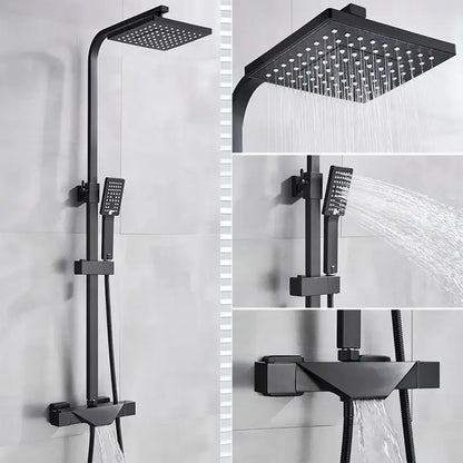 Modern matte black thermostatic shower faucet system with square rainhead handheld spray and angular faucet design