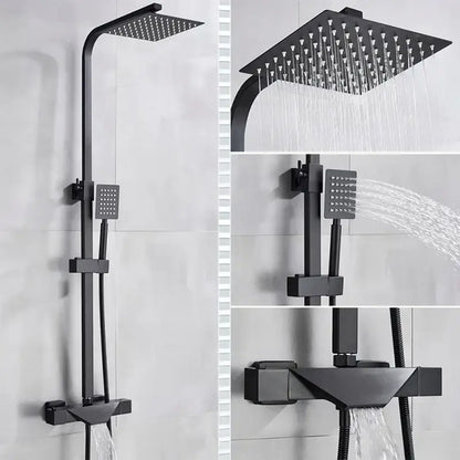 Modern matte black thermostatic shower faucet system with black matte square rain shower head and integrated handheld spray