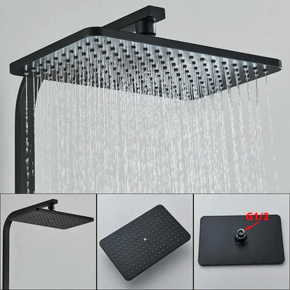 Modern matte black thermostatic shower faucet with a square black matte rain shower head and multiple water jets