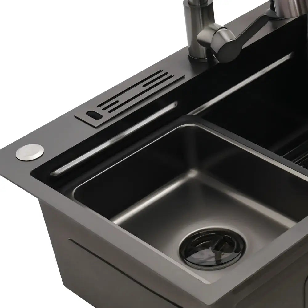 Modern matte black utility sink in black stainless steel with double basin and integrated kitchen accessories