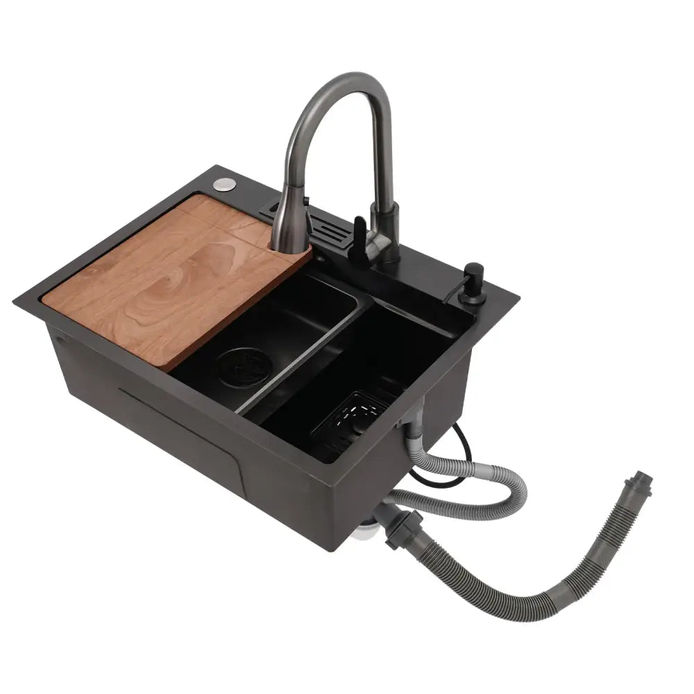 Modern matte black undermount utility sink in black stainless steel with integrated wooden cutting board and gooseneck faucet