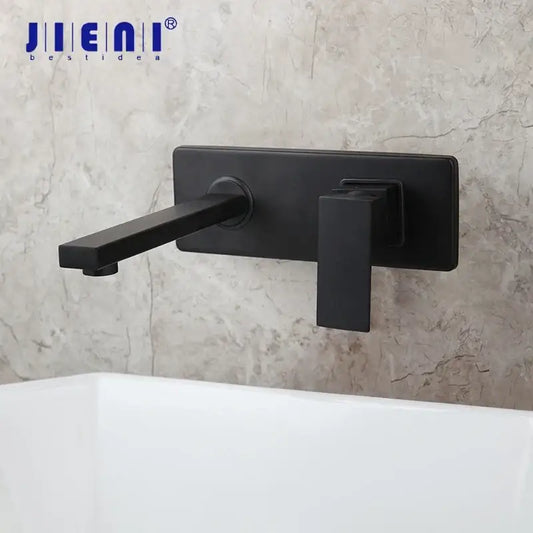 Modern matte black wall mounted basin faucet with black matte finish and square handle for bathroom decorbites black wall use