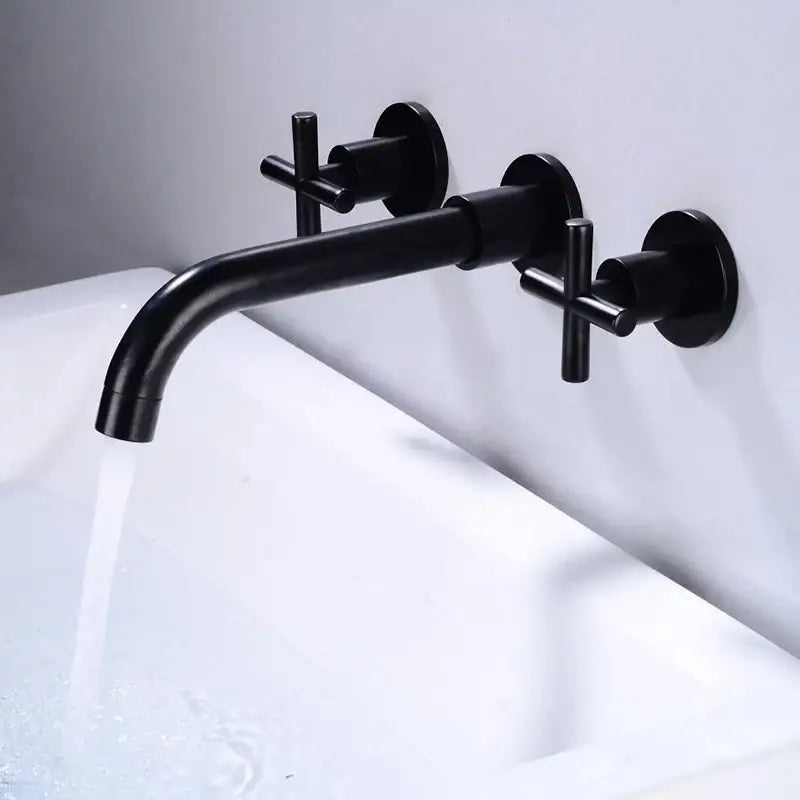 Modern matte black wall mounted dual handle bathroom sink mixer tap with black matte finish and cross-shaped handles