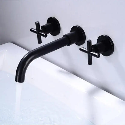 Modern matte black wall mounted dual handle bathroom sink mixer tap with black matte cross-shaped handles and sleek design