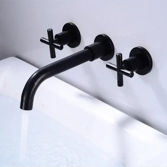 Modern matte black wall mounted dual handle bathroom sink mixer tap with black matte cross-shaped handles and sleek design
