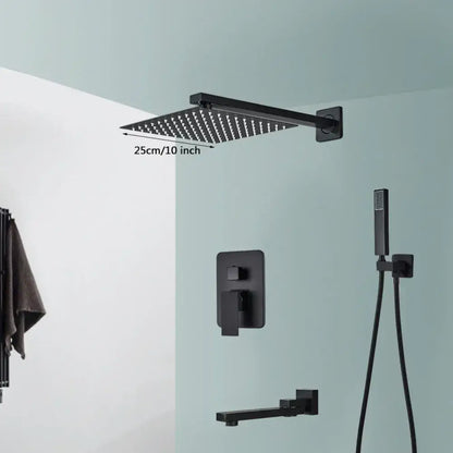 Modern matte black wall mounted rainfall shower with 25cm black wall mounted square rain showerhead and tub spout