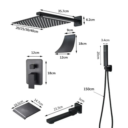Modern matte black wall mounted rainfall shower set with square rainhead handheld sprayer and tub spout decorbites black wall