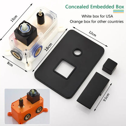 Clear plastic concealed embedded box with black and brass fittings and matte black mounting plate for black wall mounted rainfall shower