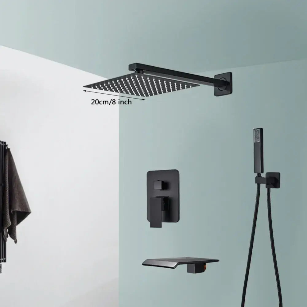 Modern matte black wall mounted rainfall shower with black wall mounted square rain head and handheld attachment