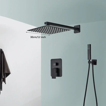Modern matte black wall mounted rainfall shower head with square design and black wall mounted tub spout decorbites black wall