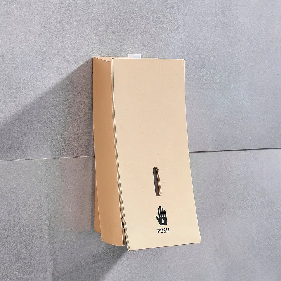 Beige wall-mounted soap dispenser with sleek minimalist design and black push icon for decorbites 450ml use