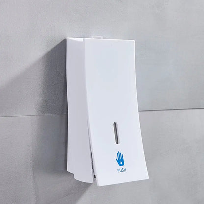 White wall-mounted soap dispenser with blue hand icon and push label modern matte black decorbites 450ml