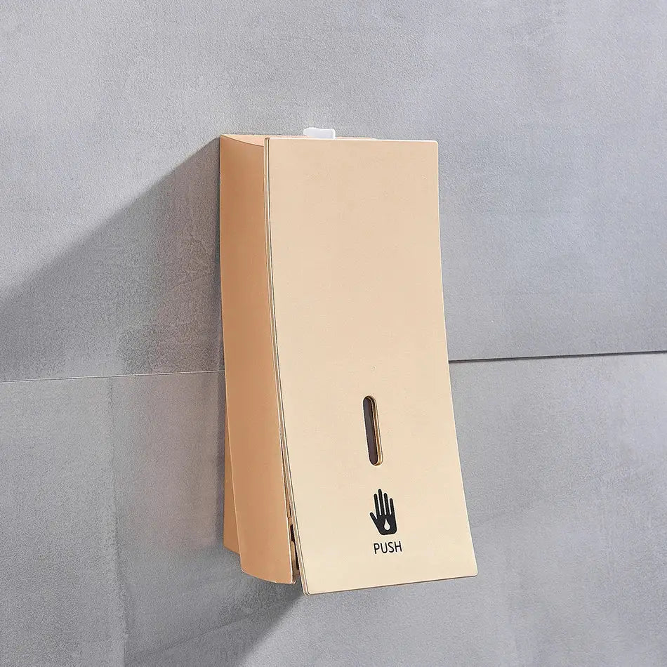 Beige wall-mounted soap dispenser with sleek minimalist design and black push icon for decorbites 450ml use