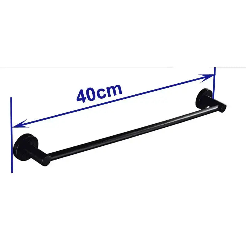Modern black wall mounted towel bar with matte black metal finish and wood accents measuring 40cm length