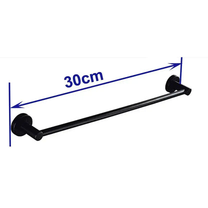 Modern matte black wall mounted towel bar with wood accents and 30cm black matte towel rack for bathroom use
