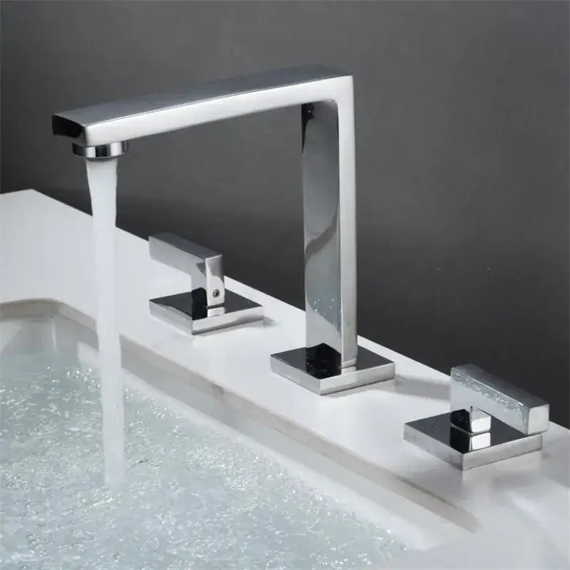 Modern chrome finished rectangular basin faucet with two square mounted handles for bathroom decorbites brushed gold style
