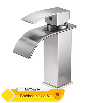 Modern brushed nickel basin faucet mixer tap with sleek waterfall spout and rectangular base for bathroom vessel sink