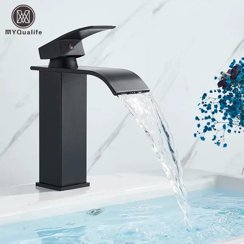 Modern matte black waterfall basin faucet mixer tap with sleek matte finish for bathroom vessel sink use
