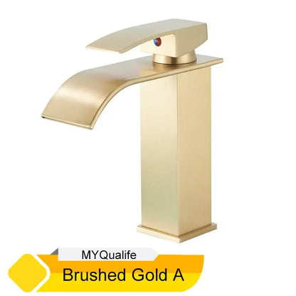 Brushed gold waterfall basin faucet mixer tap with sleek modern design and rectangular base for bathroom vessels