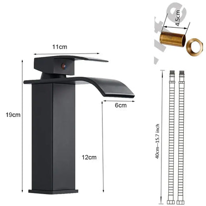 Modern matte black waterfall basin faucet mixer tap with sleek design and integrated temperature control knob for bathroom