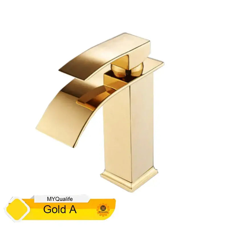 Modern gold-finished waterfall faucet mixer tap with sleek angular design and brushed metallic finish for basin use