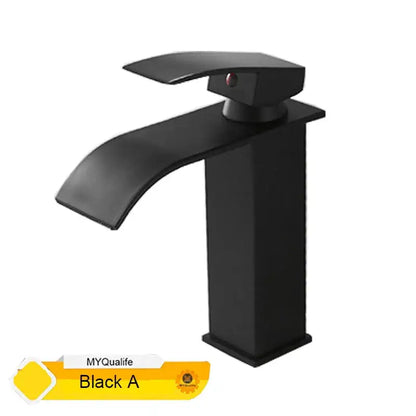 Modern matte black waterfall basin faucet mixer tap with sleek curved spout and rectangular base for bathroom vessel sink