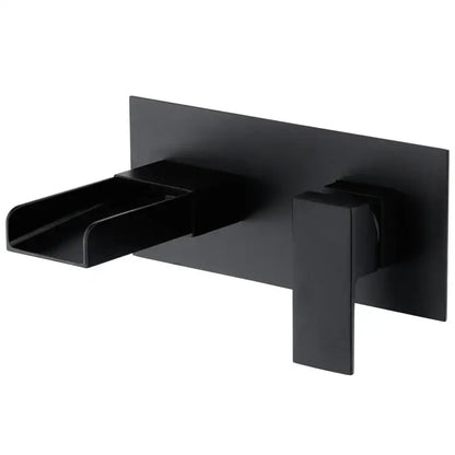 Modern matte black waterfall basin mixer tap wall mounted with sleek rectangular spout and minimalist handle design