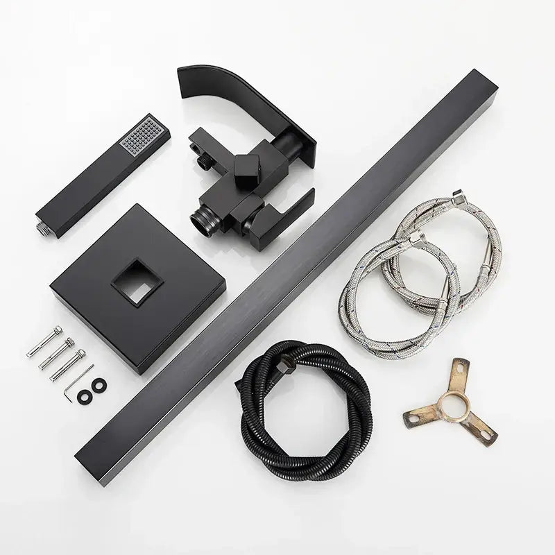 Modern matte black waterfall bathtub faucet with matte black finish square base and curved spout by decorbites