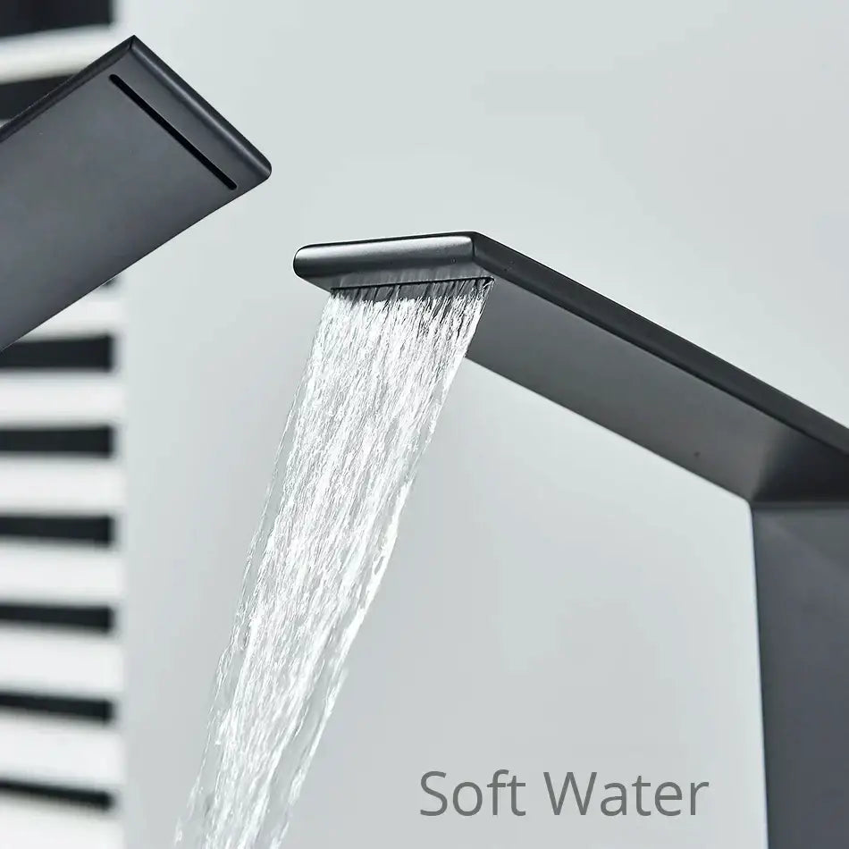 Modern matte black decorbites basin faucet with sleek angular waterfall design for bathroom mixer use