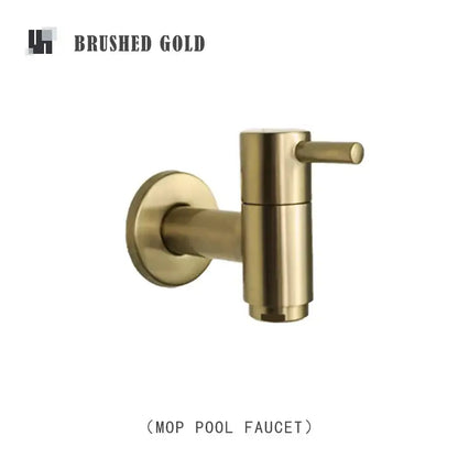 Modern matte brass black garden faucet with brushed gold mop spout and sleek cylindrical brass black wall design