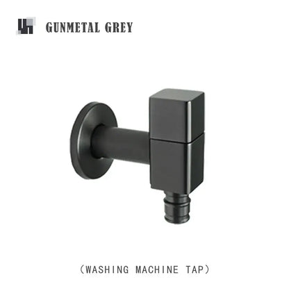 Modern matte brass black garden faucet with gunmetal grey washing machine tap featuring sleek angular design and brass black wall mount