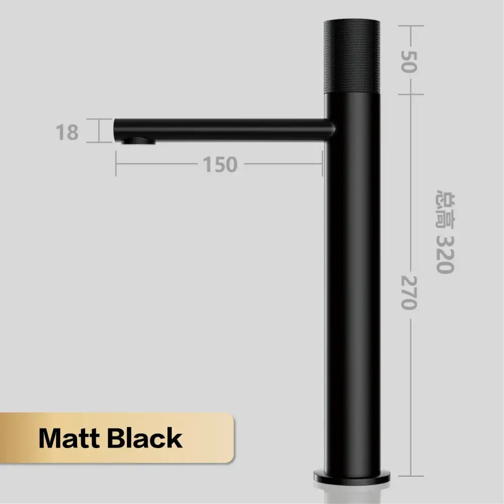 Matte black modern basin faucet with a sleek minimalist design and textured cylindrical handle for kitchen use