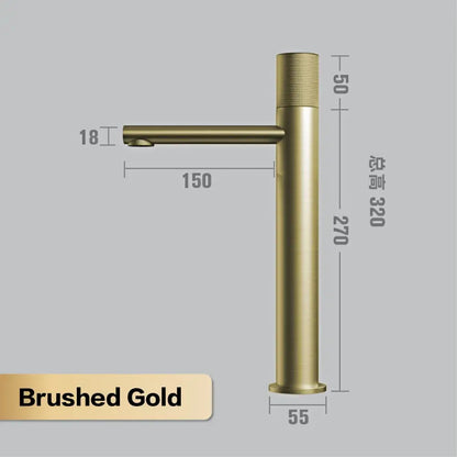 Modern matte bronze basin faucet with brushed gold finish, sleek tall cylindrical body, and horizontal spout for kitchen use