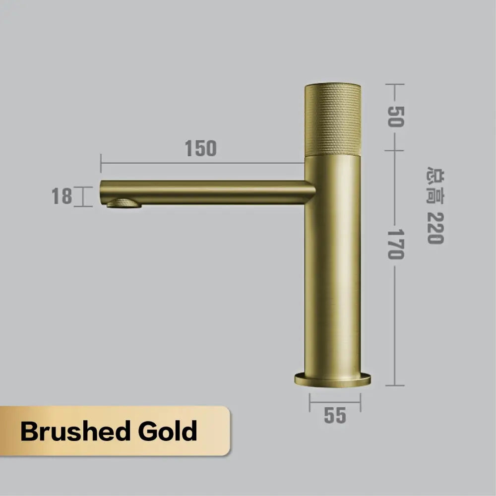 Modern matte bronze basin faucet with brushed gold finish single-handle and textured cylindrical knob design