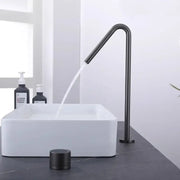 Modern matte brushed black basin faucet with sleek curved spout and textured knob for bathroom decorbites brushed black design