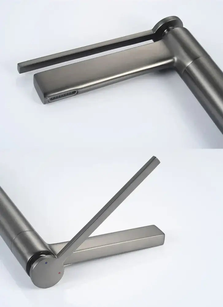 Modern matte chrome decorbites basin faucet with brushed stainless steel and sleek minimalist angular spout design