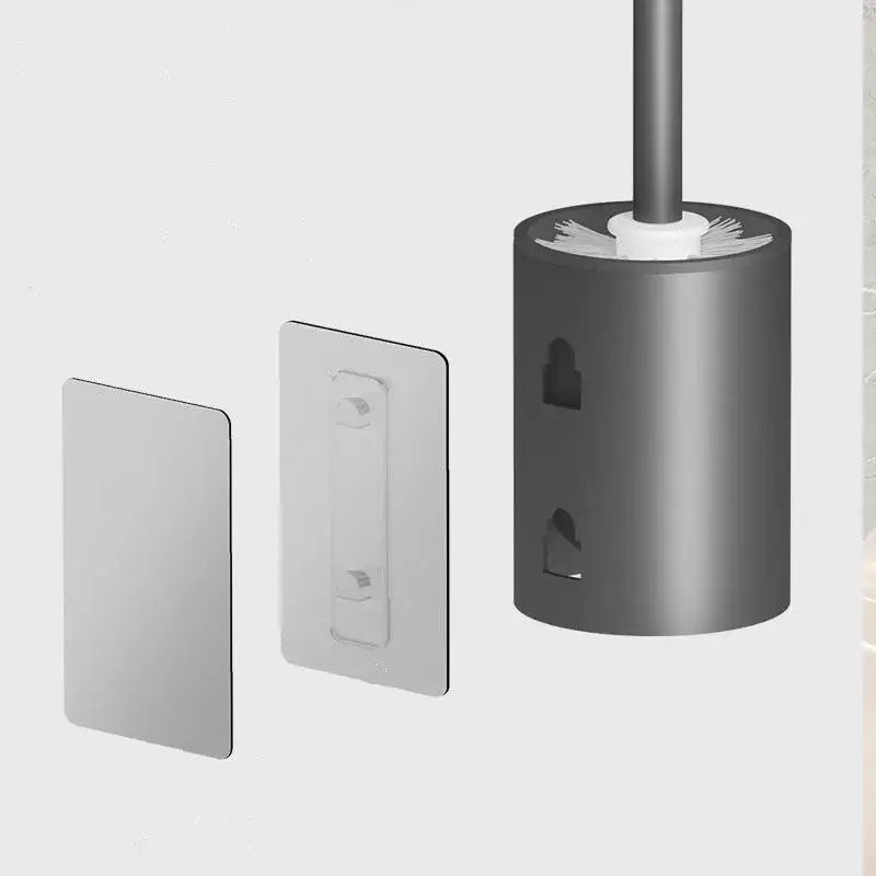 Modern matte gray and black metal toilet brush holder set with sleek cylindrical design and wall-mount adhesive strips