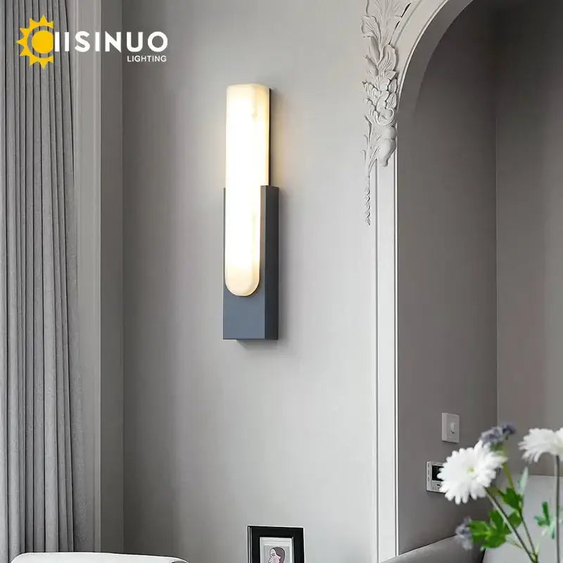 Modern matte gray and white 6＂ led marble wall sconce with sleek rectangular base and warm diffused light for living room