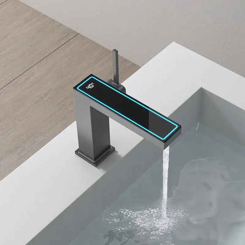 Modern matte black sink mixer with sleek rectangular design and decorbites digital display square temperature indicator