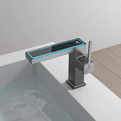 Modern matte gray sink mixer with chrome rectangular spout, illuminated blue led, and decorbites digital display square handle