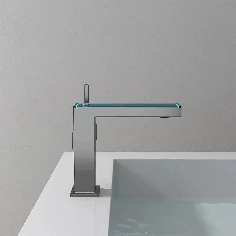 Modern matte gray sink mixer with chrome rectangular spout and illuminated blue led strip decorbites digital display square