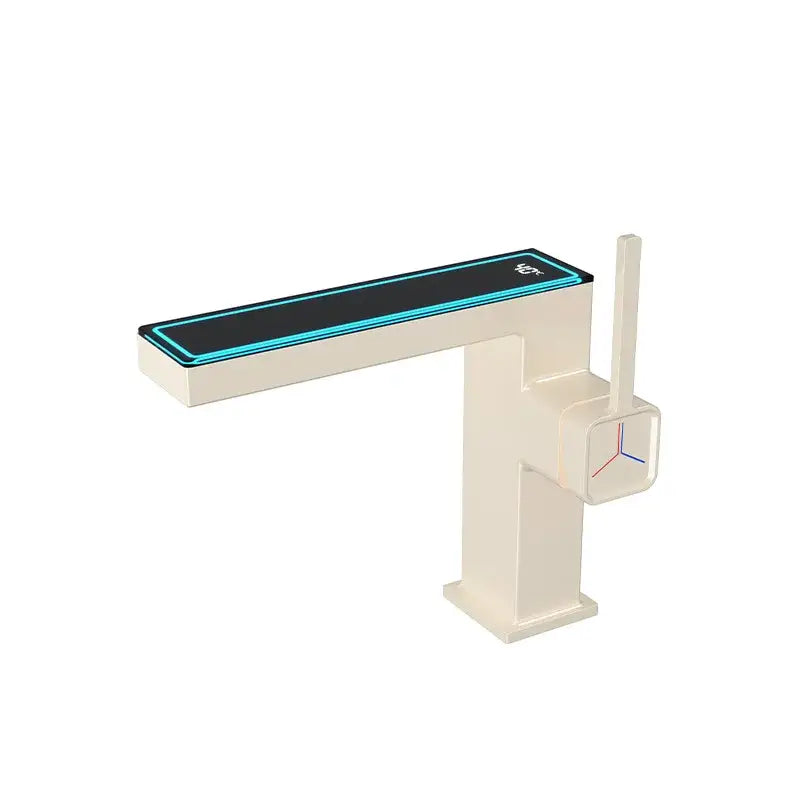 Modern matte gray digital display square sink mixer faucet with cream rectangular spout and blue led strip decorbites digital display
